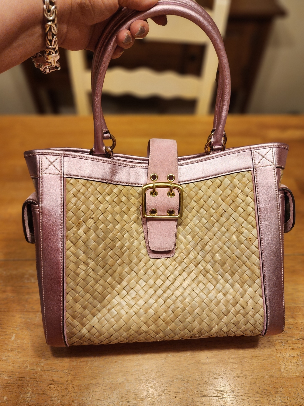 vintage 2004 Coach Hamptons woven straw bag metallic pink leather trim